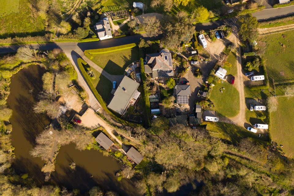 Aerial view of pitches and ponds