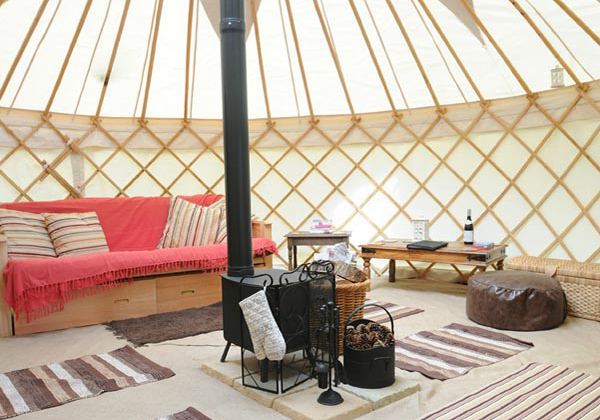 Inside the yurt with woodburner