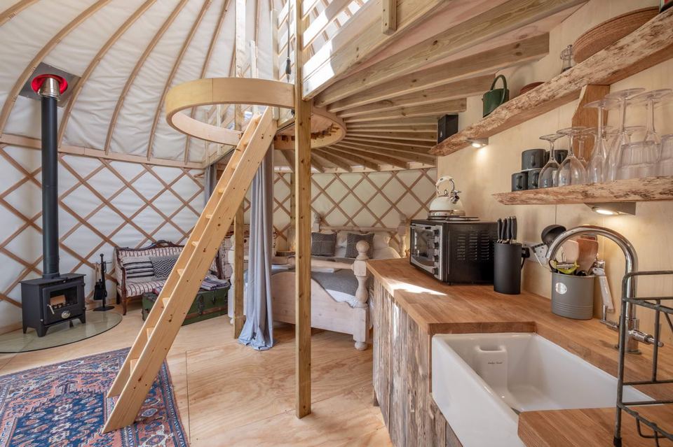 Yurt kitchen and mezzanine ladder