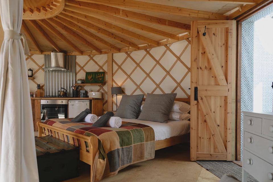 Yurt bedroom and kitchen
