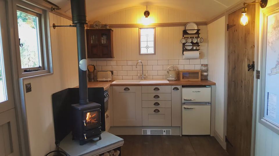 Hut kitchen and woodburner