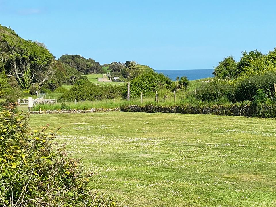 Grassy field with a sea glimpse