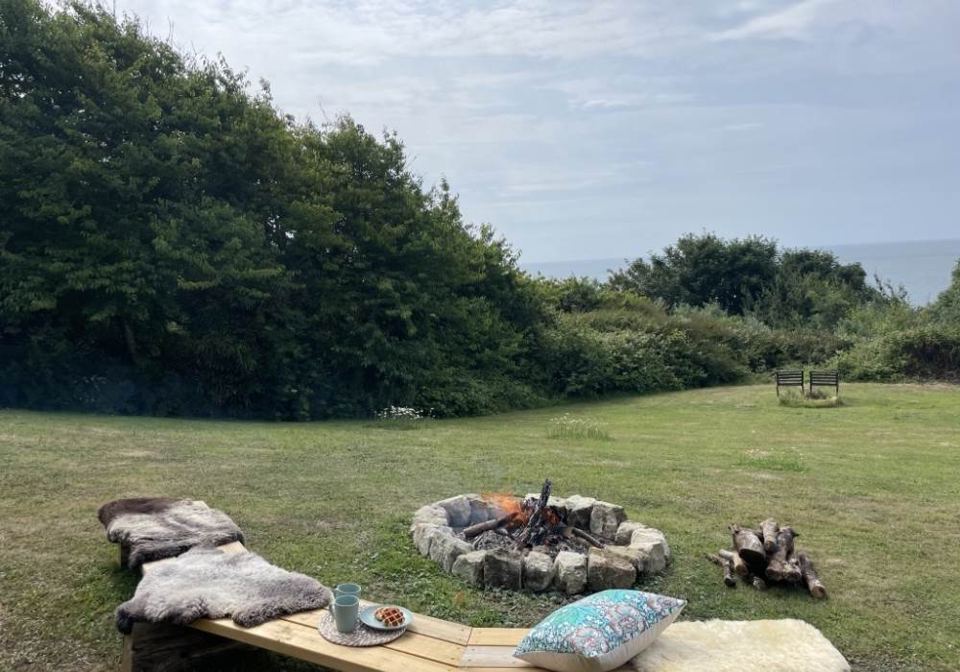 Fire pit with sheepskin seats