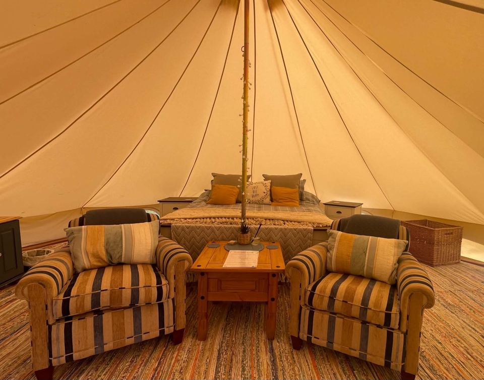 Inside the furnished bell tent