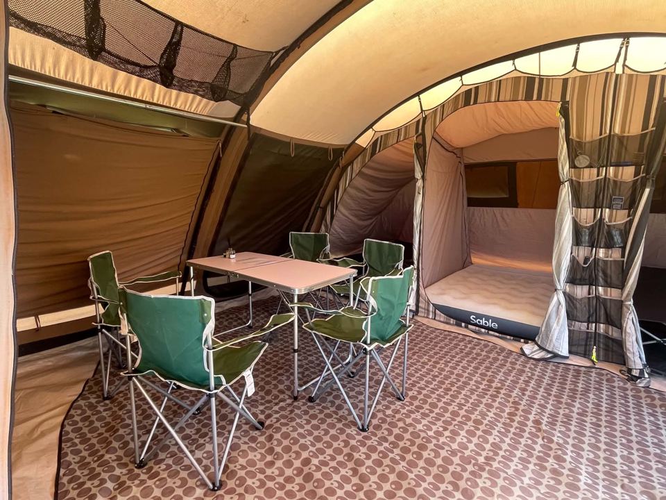 Inside a ready-pitched tent