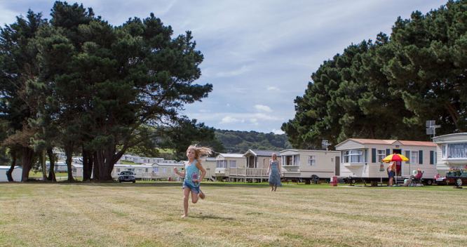 Open grass in front of caravans