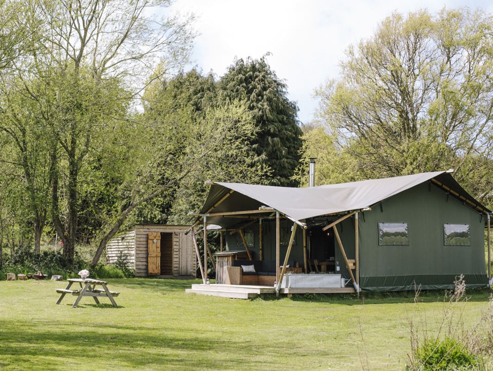 Safari tent and lawn under trees